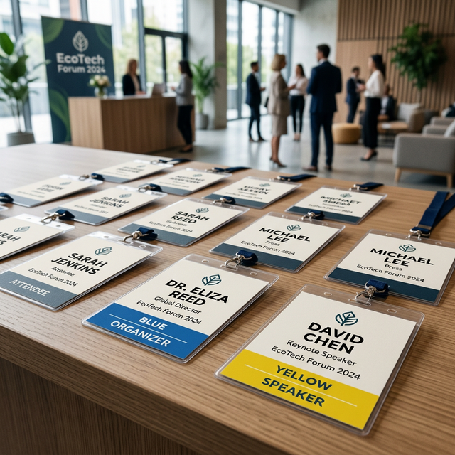Profesjonelle navnelapper på en konferanse